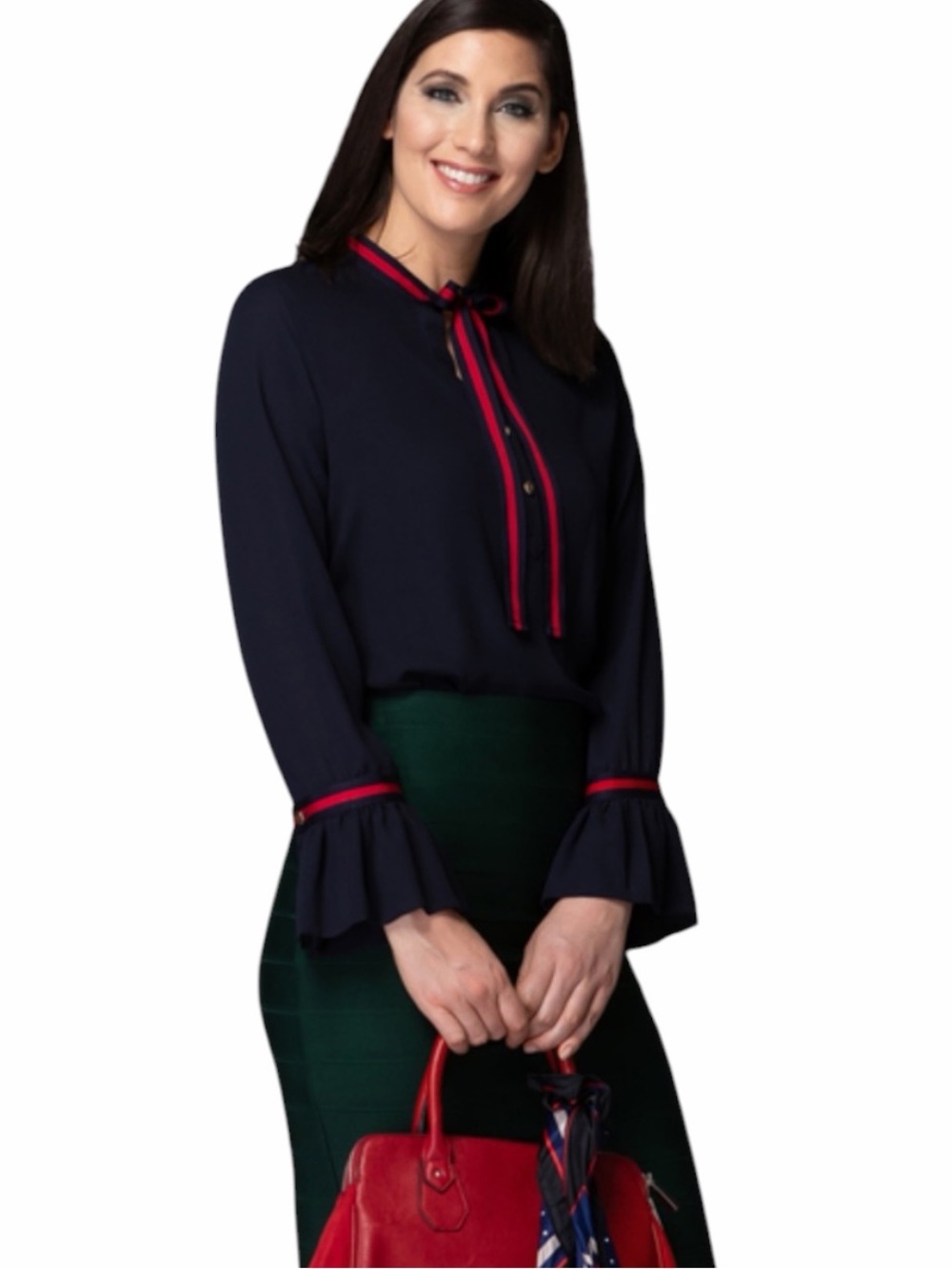 Joseph Ribkoff Blouse Navy & Red Ruffle Sleeve Size 12